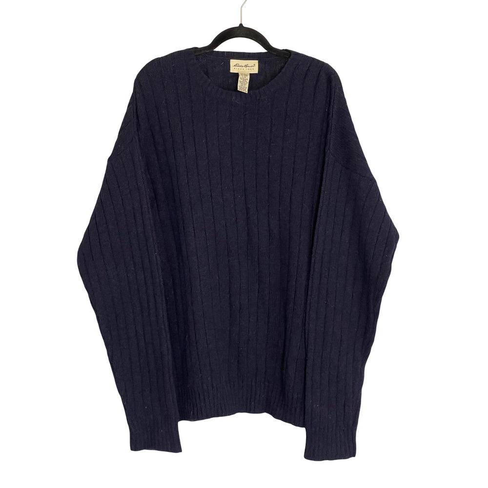 Vintage Eddie Bauer Mens Large Tall Navy Wool Ribbed Sweater Fisherman Grandpa